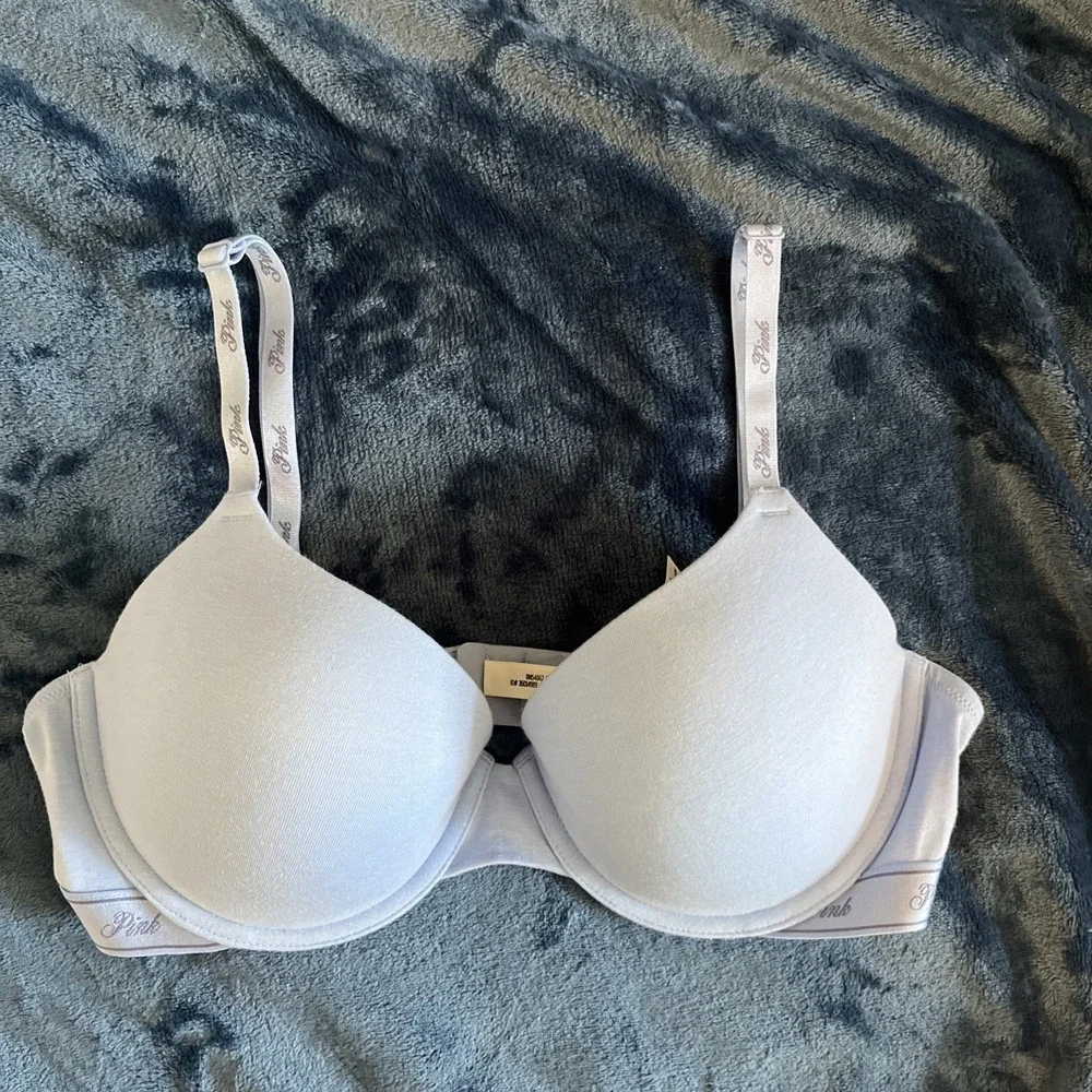 Victorias Secret Pink Wear Everywhere T Shirt Lightly Lined 36D Bra Light Blue - Picture 1 of 7